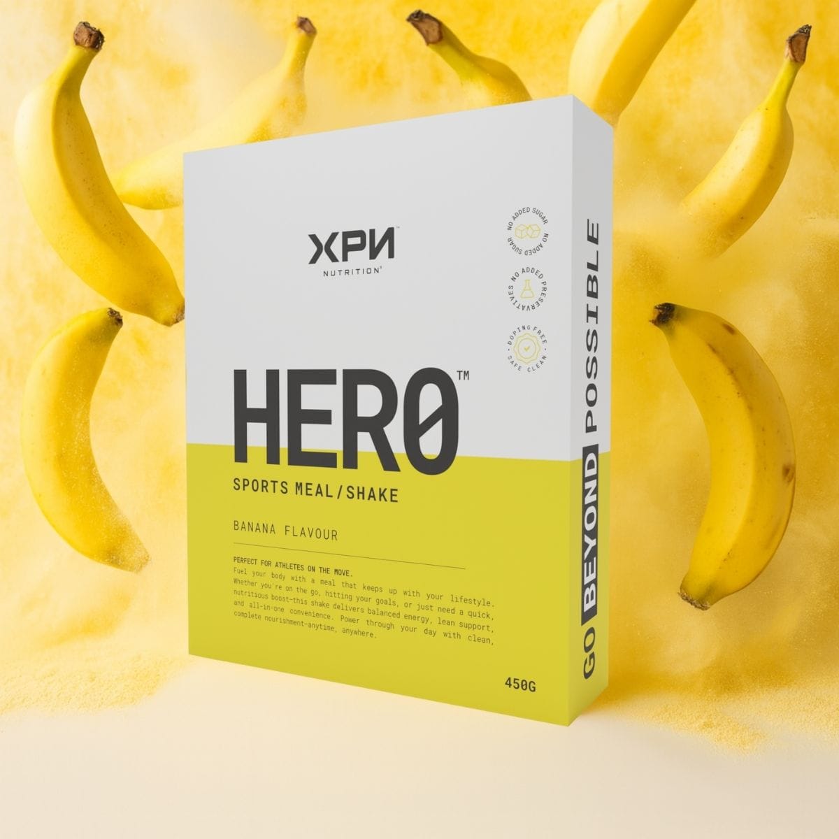 XPN Nutrition Hero cereal and meal replacement shake in 450g package, showing the shake glass with cereal mix and packaging.